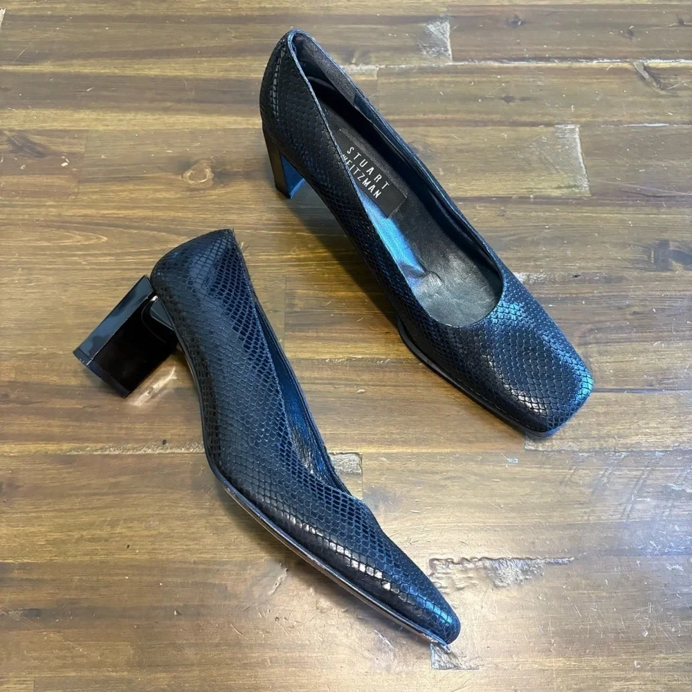 Stuart Weizman Count Black Diamond Square Toe Heels Pumps Snake Lizard Textured